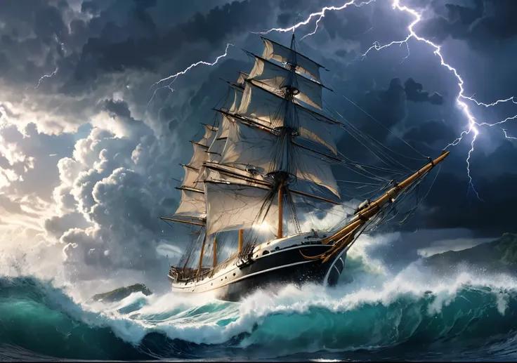 Crystal Cloud, Lightning strikes、A sailing ship being tossed about by big waves, Atmospheric perspective, 8k, Super Detail, Accurate, highest quality, lightning、Sharp images、High color reproducibility、Attention to detail、live-action、Alluring、