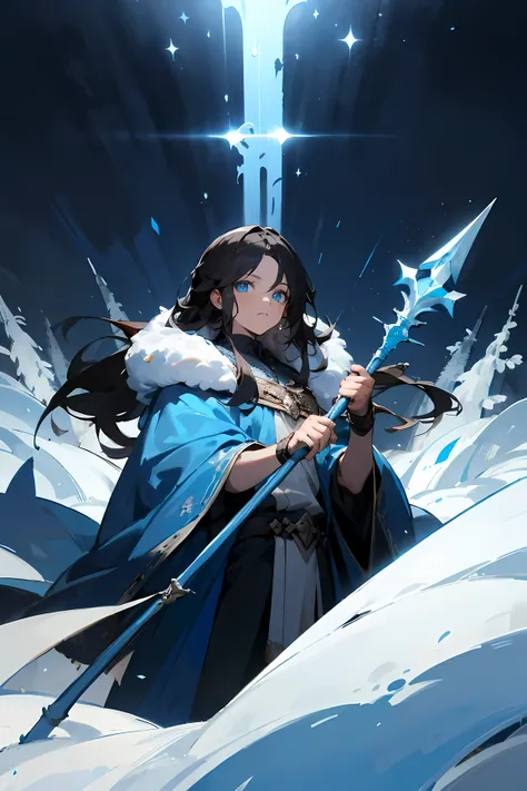 Male, blue eyes, Dark hair, long hair, bright eyes, Shining eyes, Blue cloak, holding Wood staff, offering his hand, Dark icy snowfields, Dark Snow Forest, night