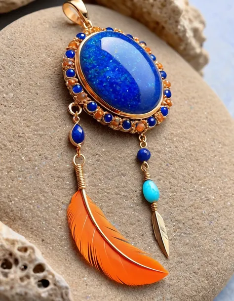 （feather ball ring design），blue orange opal，minimalism，abstract，indian elements，the matching stones are small amounts of lapis l...