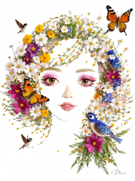 Fall Leaf Crafts, A girl made of flowers and birds, Cosmos flower、butterfly、Portraiture, White Background、