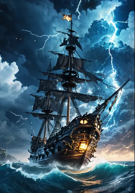 Swirling Crystal Cloud, Lightning strikes、Ruined pirate ship, Atmospheric perspective, 8k, Super Detail, Accurate, highest quality, lightning、Sharp images、High color reproducibility、Attention to detail、live-action、Alluring、