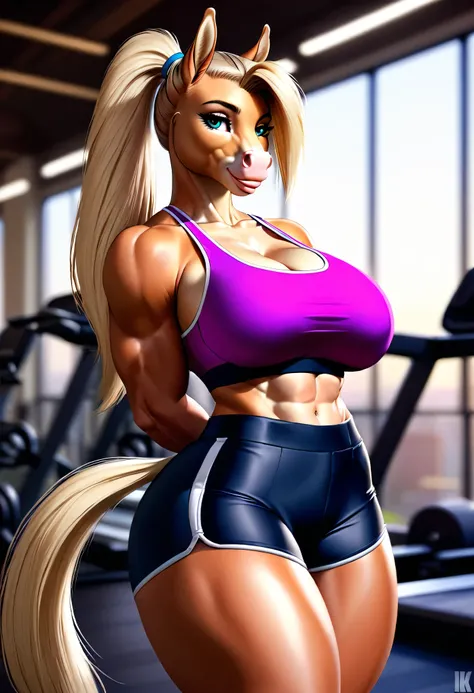 4k highly detailed realistic digital extremely high quality drawing, masterpiece, (by keeltheequine), (uploaded on e621), (a full-body portrait of Amber Alena as an anthro palomino horse), ((posing in a gym)), ((wearing a sexy sports bra and tight shorts))...