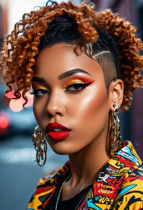 (best quality,4k,8k,highres,masterpiece:1.2),ultra-detailed,(realistic,photorealistic,photo-realistic:1.37),hip hop fashion,portrait,colorful,retro,vibrant colors,pixelated style,detailed facial features,expressive eyes and lips,urban background,stylish cl...