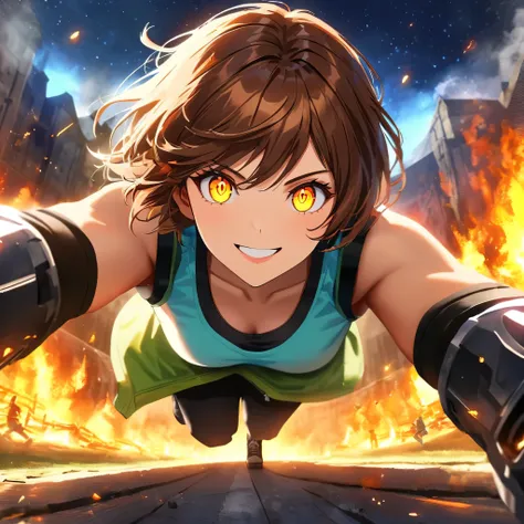 short hair, fitness, gorgeous woman,brown hair, parkour ,yellow glowing eyes, perfect lips,big smile , confident smile,cute expression, cute face, walking in the campfield, fingerless and power fire gauntlets,  gun, tank top, jacket, alert pose, ultra deta...