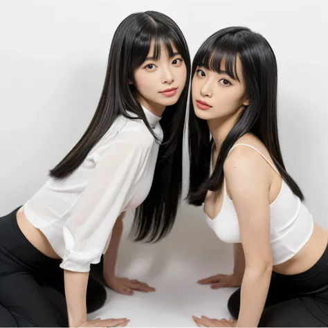 (Two identical twin hair models in the same space, doing the same four-legged pose:1.6)　((Two people in the same all-fours pose, shot from the same angle:2.0))　(The two are identical clones, with identical clothes, poses, hairstyles, and appearances.:1.5)　...