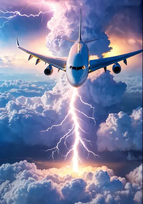 Swirling Crystal Cloud, Lightning strikes、A-350 jetliner, Atmospheric perspective, 8k, Super Detail, Accurate, highest quality, lightning、Sharp images、High color reproducibility、Attention to detail、live-action、Alluring、