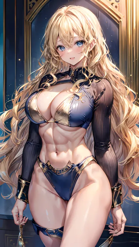 (Adult women:1.5)、Very detailed、highest quality、Best image quality、masterpiece、8k、Anime Face、A kind smile、(Open your mouth:1.3)、Sparkling blue eyes、(Blonde Wavy Hair:1.5)、、Muscles of the whole body、(High leg:1.5)、Thigh belt、(Wearing a gold bikini:1.5)、(Cow...