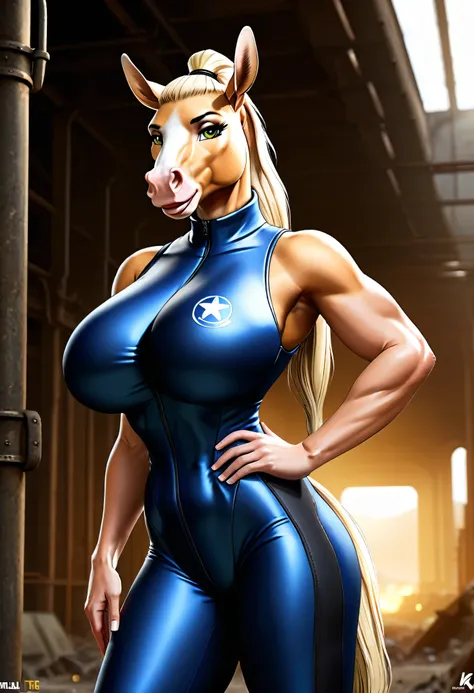 4k highly detailed realistic digital extremely high quality drawing, masterpiece, (by keeltheequine), (uploaded on e621), (a full-body portrait of a female anthro palomino horse), (posing in a post-apocalyptic wasteland), ((wearing a skintight Vault-Tec ju...