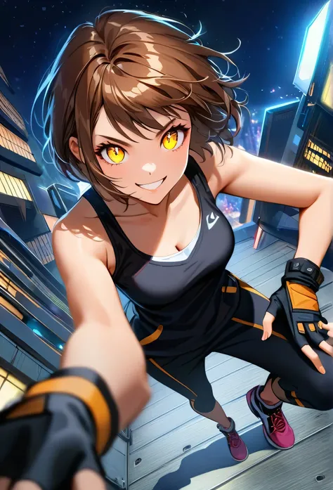 short hair, fitness, gorgeous woman,brown hair, parkour ,yellow glowing eyes, perfect lips,big smile , confident smile,cute expression, cute face, fingerless gloves,  gun, tank top, jacket, alert pose, ultra detailed face, long eyelashes, sharp eyes , Full...