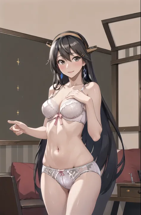 highest quality, masterpiece, High resolution, alone, {Aaron_Kantai Collection:1.15}, black_hair, length_hair, hair_ornament, hairband, Brown_eye, hairclip, blush, smile, headgear, chest, , hair_between_eye,, ((Office Background, Living Room Background))(p...