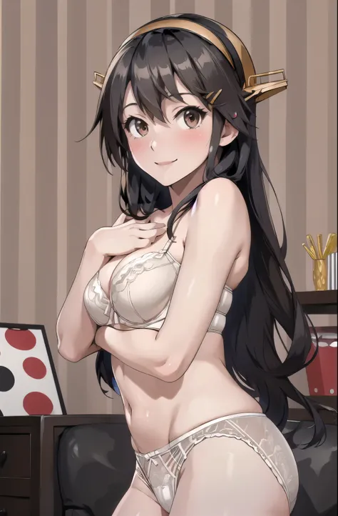 highest quality, masterpiece, High resolution, alone, {Aaron_Kantai Collection:1.15}, black_hair, length_hair, hair_ornament, hairband, Brown_eye, hairclip, blush, smile, headgear, chest, , hair_between_eye,, ((Office Background, Living Room Background))(p...