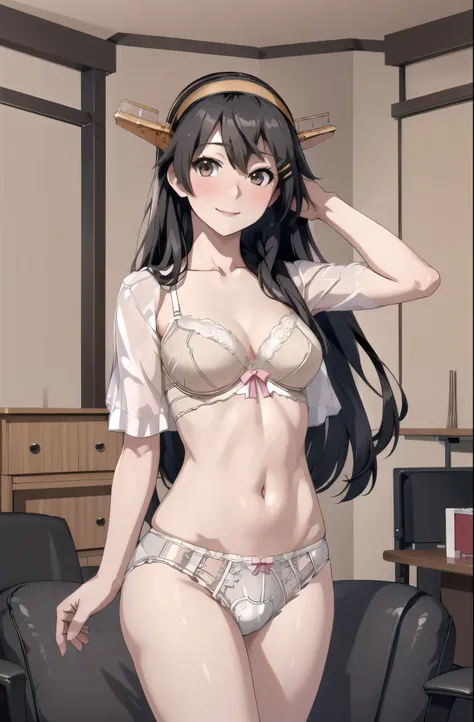 highest quality, masterpiece, High resolution, alone, {Aaron_Kantai Collection:1.15}, black_hair, length_hair, hair_ornament, hairband, Brown_eye, hairclip, blush, smile, headgear, chest, , hair_between_eye,, ((Office Background, Living Room Background))(p...