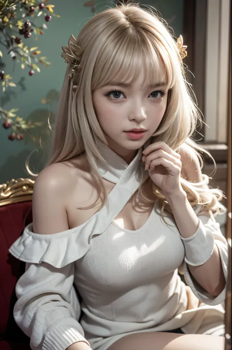 (Girl sitting on a bench in an old castle),Bright expression、Young and shiny white glossy skin、Best Look Rondo Reflective Light、(Shiny bright golden white hair,)、Shiny beautiful bangs、Sparkling crystal clear attractive big blue eye、A very beautiful and lov...