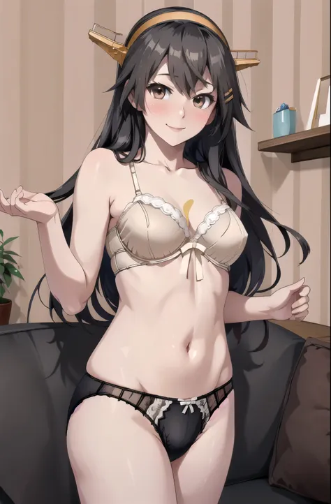 highest quality, masterpiece, High resolution, alone, {Aaron_Kantai Collection:1.15}, black_hair, length_hair, hair_ornament, hairband, Brown_eye, hairclip, blush, smile, headgear, chest, , hair_between_eye,, ((Office Background, Living Room Background))(p...