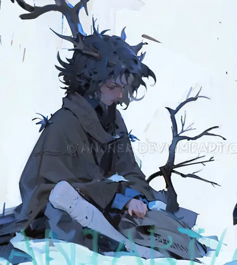 (masterpiece, Best quality), ((1 boy)), Beauty, dramatic, Black tone, BREAK Underexposed lighting, undead, Antler, the boy is cold, cold, sitting in the snow