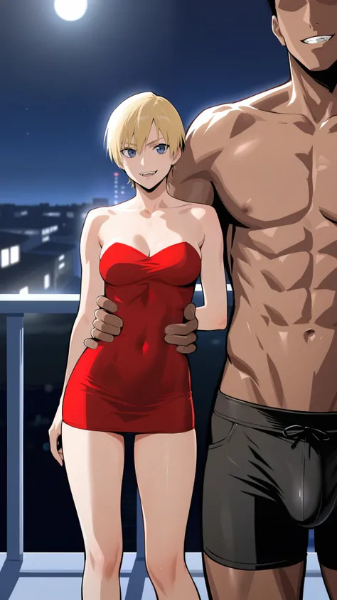 score_9, score_8_up, source_anime, standing, hellsing, seras, blonde hair, nude, indoors, night, night sky, nighttime, vampire, smirk, fangs, ikuchan, balcony, town background, clothed, male wearing shorts, muscular male, medium breasts, boyfriend, couple,...