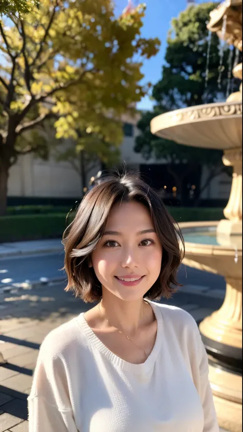 (highest quality, 8k, 32k, masterpiece, Ultra-high resolution:1.2),Beautiful Japanese Women Photos, Large Breasts, Very short bob hair,whole body,White sweater, necklace, Simple Background, From above, View your audience,smile、（In front of the fountain in ...