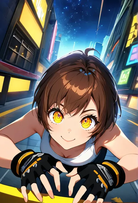 short hair, fitness, gorgeous woman,brown hair, parkour ,yellow glowing eyes, perfect lips,big smile , confident smile,cute expression, cute face, fingerless gloves,  gun, tank top, jacket, alert pose, ultra detailed face, long eyelashes, sharp eyes , Full...