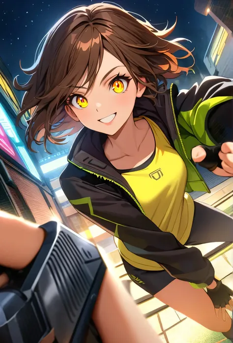 short hair, fitness, gorgeous woman,brown hair, parkour ,yellow glowing eyes, perfect lips,big smile , confident smile,cute expression, cute face, fingerless gloves,  gun, tank top, jacket, alert pose, ultra detailed face, long eyelashes, sharp eyes , Full...