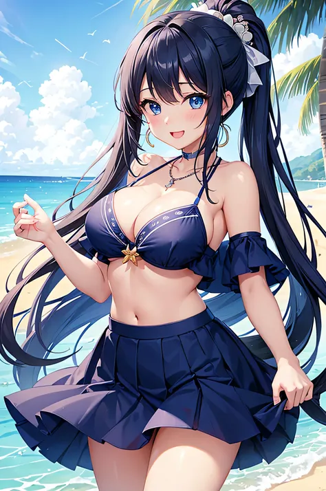 highest quality、Best image quality、masterpiece、beautiful girl、Navy blue long hair、blue eyes、Navy Blue Bikini、Big cleavage、(Big Breasts)、smile、blue necklace、Blue Earrings、background(Beach)、Sexy pose、Please open your mouth wide、Navy Blue Skirt