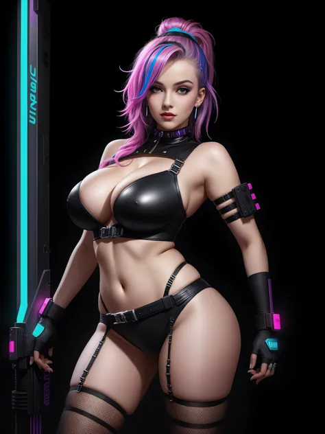 there is Marilyn Monroe, royal blue and bright purple neon streaked hair, hair in pony tail, 3 d neon art of a womans body, neon-noir background, cyberpunk femme fatale, seductive cyberpunk dark fantasy, cyberpunk strip clubs, cyberpunk 20 y. o model girl,...