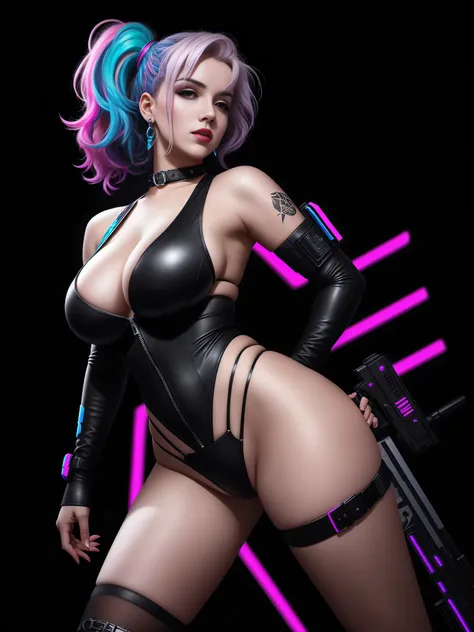 there is Marilyn Monroe, royal blue and bright purple neon streaked hair, hair in pony tail, 3 d neon art of a womans body, neon-noir background, cyberpunk femme fatale, seductive cyberpunk dark fantasy, cyberpunk strip clubs, cyberpunk 20 y. o model girl,...