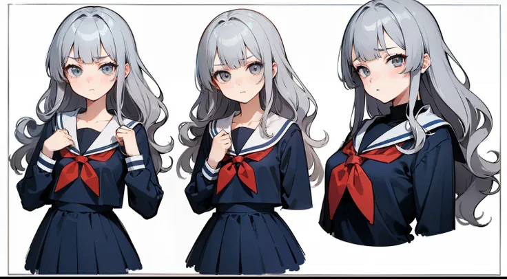 ((masterpiece, highest quality)), Detailed face, Character Sheet, whole body, Full of details, Various poses and expressions, Very detailed, depth, Many parts, One girl, , seifuku, Sailor suit, Long sleeve, Grey Hair, Wavy Hair, Long Hair, Blunt bangs, Ota...