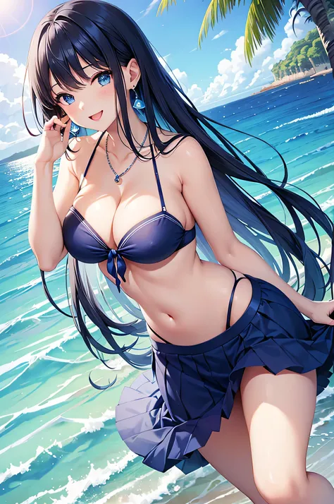 highest quality、Best image quality、masterpiece、beautiful girl、Navy blue long hair、blue eyes、Navy Blue Bikini、Big cleavage、(Big Breasts)、smile、blue necklace、Blue Earrings、background(Beach)、Sexy pose、Please open your mouth wide、Navy Blue Skirt