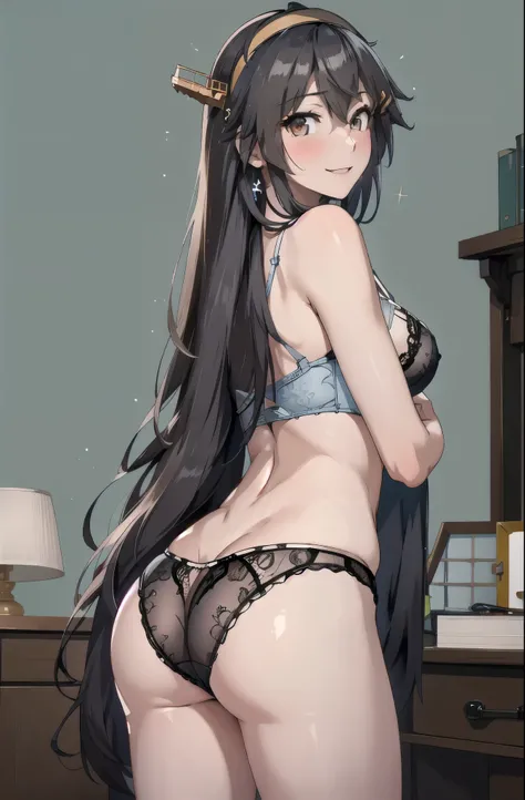 highest quality, masterpiece, High resolution, alone, {Aaron_Kantai Collection:1.15}, black_hair, length_hair, hair_ornament, hairband, Brown_eye, hairclip, blush, smile, headgear, chest, , hair_between_eye,, ((Office Background, Living Room Background))(L...