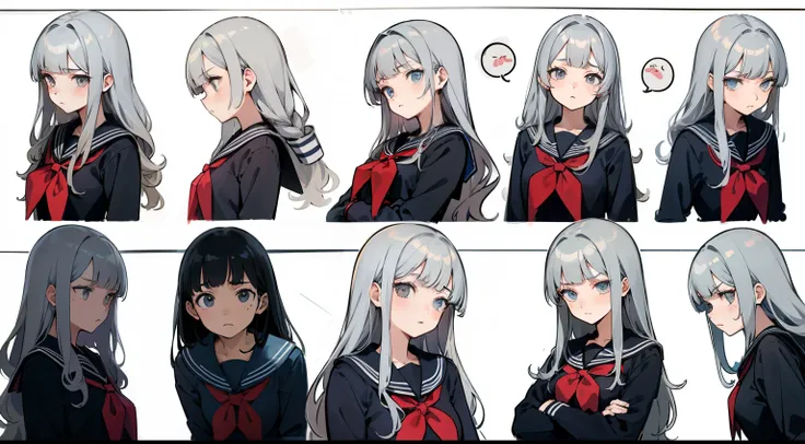 ((masterpiece, highest quality)), Detailed face, Character Sheet, whole body, Full of details, Various poses and expressions, Very detailed, depth, Many parts, One girl, , seifuku, Sailor suit, Long sleeve, Grey Hair, Wavy Hair, Long Hair, Blunt bangs, Ota...