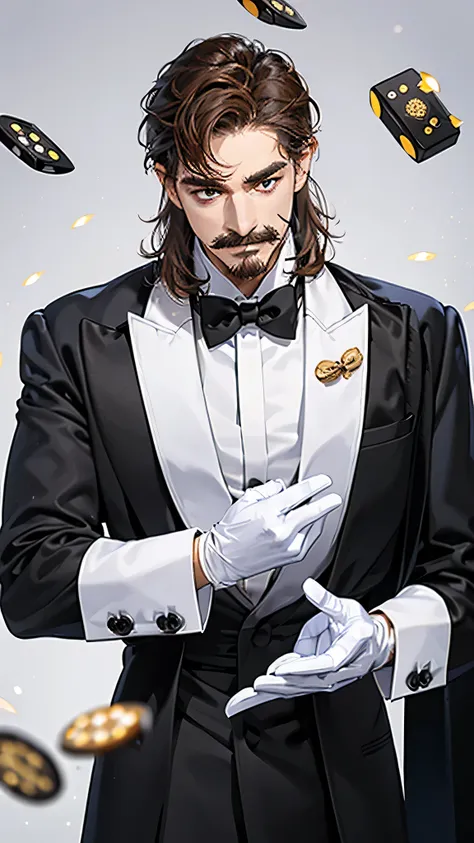 best detailed, best quality, 8k, middle age man, curved mustache, medium length hair, brown hair, holding dices, wearing tuxedo,...