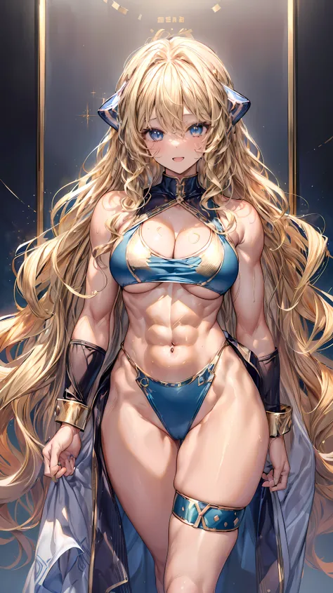 (Adult women:1.5)、Very detailed、highest quality、Best image quality、masterpiece、8k、Anime Face、A kind smile、(Open your mouth:1.3)、Sparkling blue eyes、(Blonde Wavy Hair:1.5)、、Muscles of the whole body、(High leg:1.5)、Thigh belt、(Wearing a gold bikini:1.5)、(Cow...