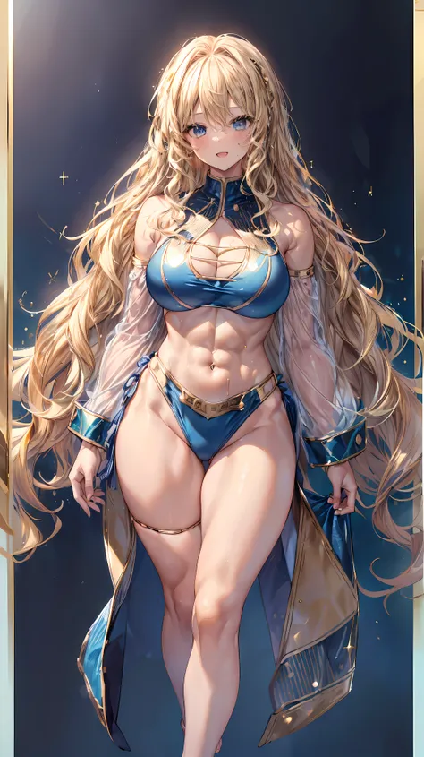 (Adult women:1.5)、Very detailed、highest quality、Best image quality、masterpiece、8k、Anime Face、A kind smile、(Open your mouth:1.3)、Sparkling blue eyes、(Blonde Wavy Hair:1.5)、、Muscles of the whole body、(High leg:1.5)、Thigh belt、(Wearing a gold bikini:1.5)、(Cow...