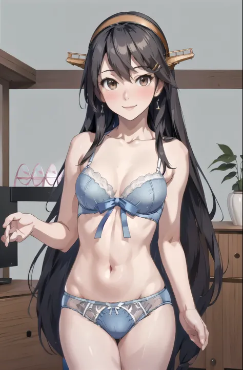 highest quality, masterpiece, High resolution, alone, {Aaron_Kantai Collection:1.15}, black_hair, length_hair, hair_ornament, hairband, Brown_eye, hairclip, blush, smile, headgear, chest, , hair_between_eye,, ((Office Background, Living Room Background))(L...