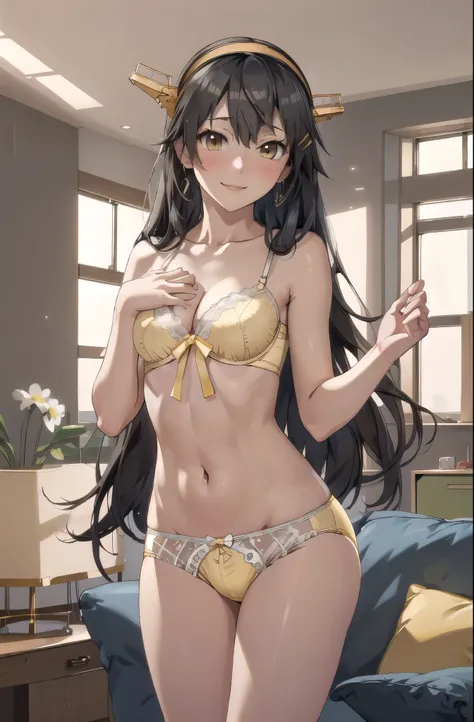 highest quality, masterpiece, High resolution, alone, {Aaron_Kantai Collection:1.15}, black_hair, length_hair, hair_ornament, hairband, Brown_eye, hairclip, blush, smile, headgear, chest, , hair_between_eye,, ((Office Background, Living Room Background))(L...