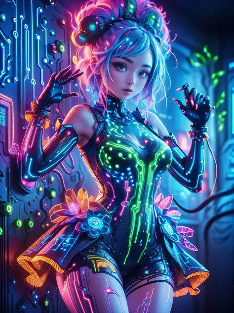 (霓虹lamp)，Circuit Board，colorful nipples，luminescent colors，lamp，girl，Looking at the camera，slime girl，Flowy vest shorts，Towards the wall，Big round eyes，charming，(Ultra HD, masterpiece, precise, Anatomically correct, textured skin, High Detail, high quality...