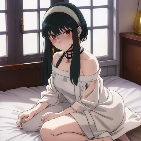 yor briar, 1girl, blush, black hair, hairband, jewelry, solo, wide-eyed, sidelocks, (lingerie), Joel, 1girl, long hair, bangs, gold earrings, red eyes, upper body, surprised, bangs, collarbone, off shoulder, white hairband, bare shoulders, indoors, long ha...