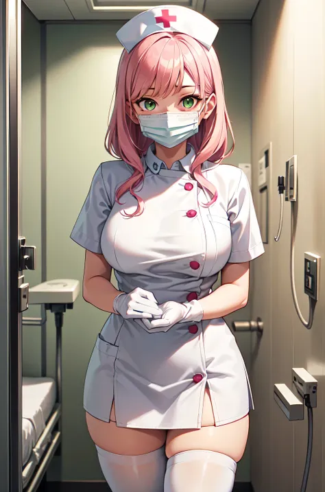 1woman, solo, nurse, white nurse cap, white nurse uniform, ((white legwear, zettai ryouiki)), white gloves, pink hair, green eye...