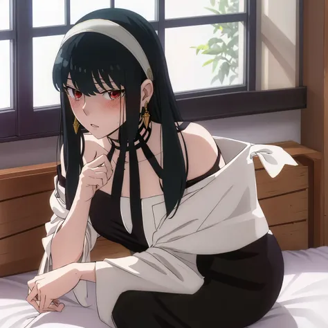 yor briar, 1girl, blush, black hair, hairband, jewelry, solo, wide-eyed, sidelocks, (lingerie), Joel, 1girl, long hair, bangs, gold earrings, red eyes, upper body, surprised, bangs, collarbone, off shoulder, white hairband, bare shoulders, indoors, long ha...