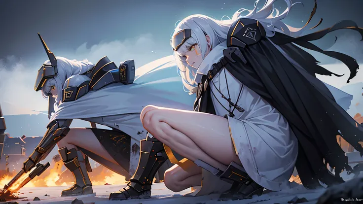 highest quality, highest quality, detailed, gorgeous, yellow eyes, white hair, long hair, headgear, mechanical boots, cloak, bar...