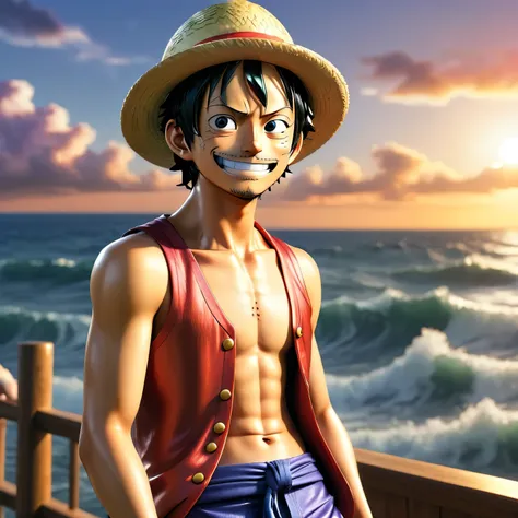 create a highly detailed and realistic anime-style image from the series one piece. the scene is set during the golden hour, jus...