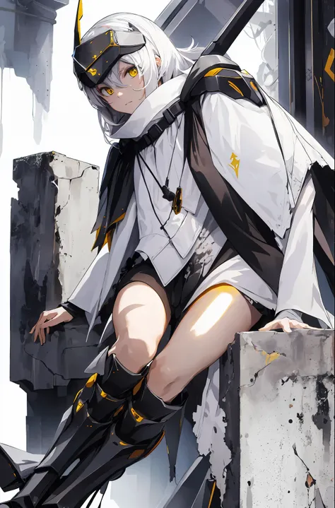 masterpiece, highest quality, absurd,nikkesw
yellow eyes, white hair, long hair, headgear, mechanical boots, cloak, bare legs, s...