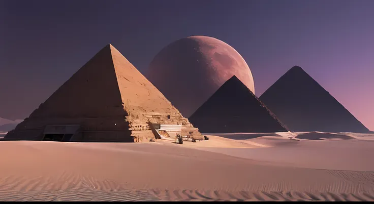 desert, pyramid, cyberpunk, futuristic world, pink moon, two moons,glddrp, scenery shot:1.2,