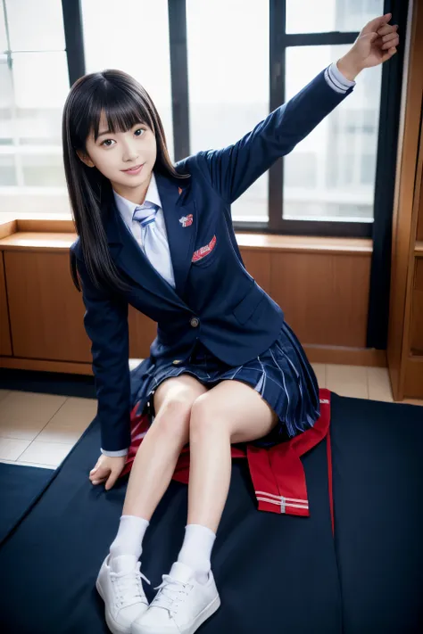 A woman taking a photo, Japanese Model Model, 18 year old female model, 4K、Bans、Black-haired、Beaver、Middle Hair、Straight hair、(A dark blue blazer and a red tie, navy check pleated skirt:1.2),　(Super cute idol-like face:1.2)、School classroom、Slim and beauti...