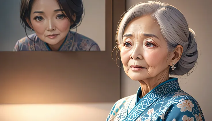 Generate a high-resolution vector illustration of an elderly Asian woman moslem experiencing acute memory loss, depicted with an ethereal and sensitive touch. The illustration should capture her gentle expression, with slightly confused eyes that reflect a...