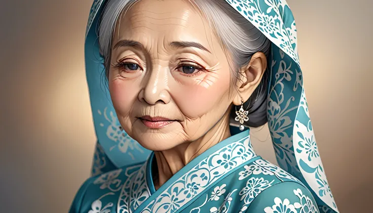 Generate a high-resolution vector illustration of an elderly Asian woman moslem experiencing acute memory loss, depicted with an ethereal and sensitive touch. The illustration should capture her gentle expression, with slightly confused eyes that reflect a...