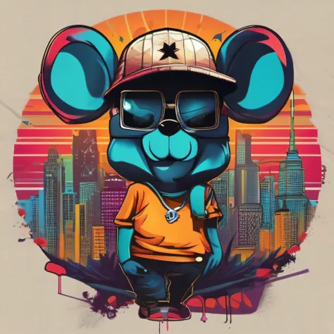 arte da camiseta, 2D, ((fundo preto :1, 5)), vetor, cores vivas, Funny character coelho personagem COM roupa ESTILO hip hop , melhor qualidade, detalhes intrincados, detalhes realistas, luz de aro, cinematic shading, Greg Rutkowisk,