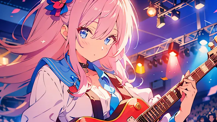 blue eyes, musical instrument, Electric guitar,gibson,Les Paul, Performed at a school cultural festival,Pink Hair, One girl, bangs, Hair between the eyes,  White Shirt,  Jacket, long hair