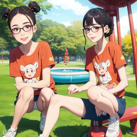 (masterpiece, highest quality), 5 girls，(white printed panties for kids), Female, 11 years old，thick eyebrows，baby face，round face，big round eyes，Braid, short twin tails, Dull bangs，black hair，Glasses，brown eyes，very short stature，flat chest，very thin limb...