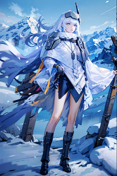 yellow eyes, white hair, long hair, headgear, mechanical boots, cloak, bare legs, single pauldron,snowy mountains, nothing,1 peo...